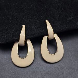 Goldette Cream Enamel Door Knocker Clip On Earrings Gold Tone Vintage